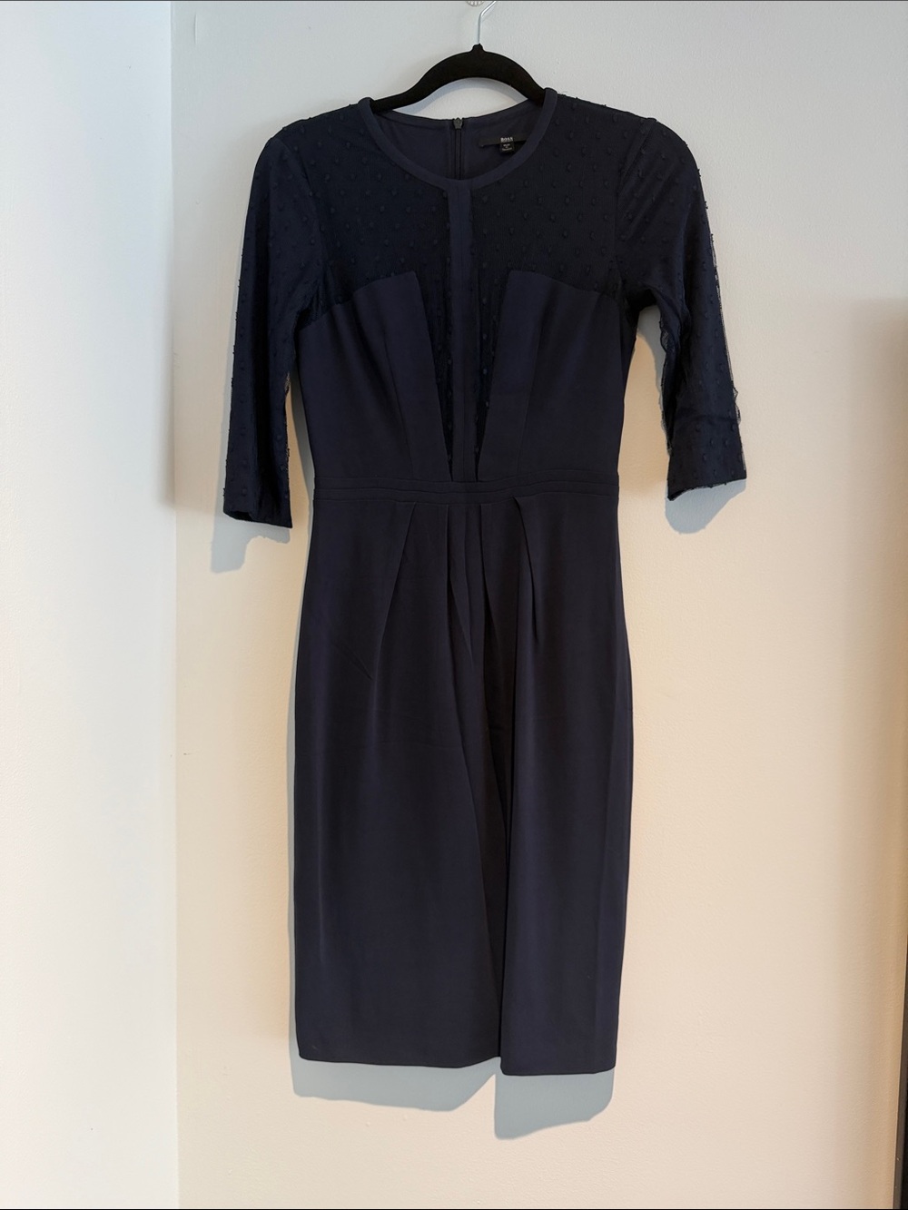 Hugo Boss Classic Navy Sheath Dress with Textured Bodice